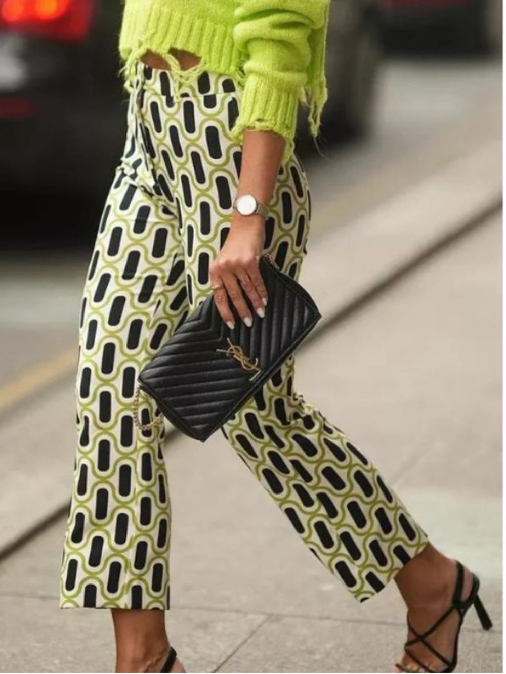 Zara Womens Geometric Print Pants Green Black Cream Retro Straight Leg Size M